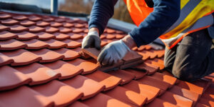 Roofer installing clay roof tiles on a sloped roof
