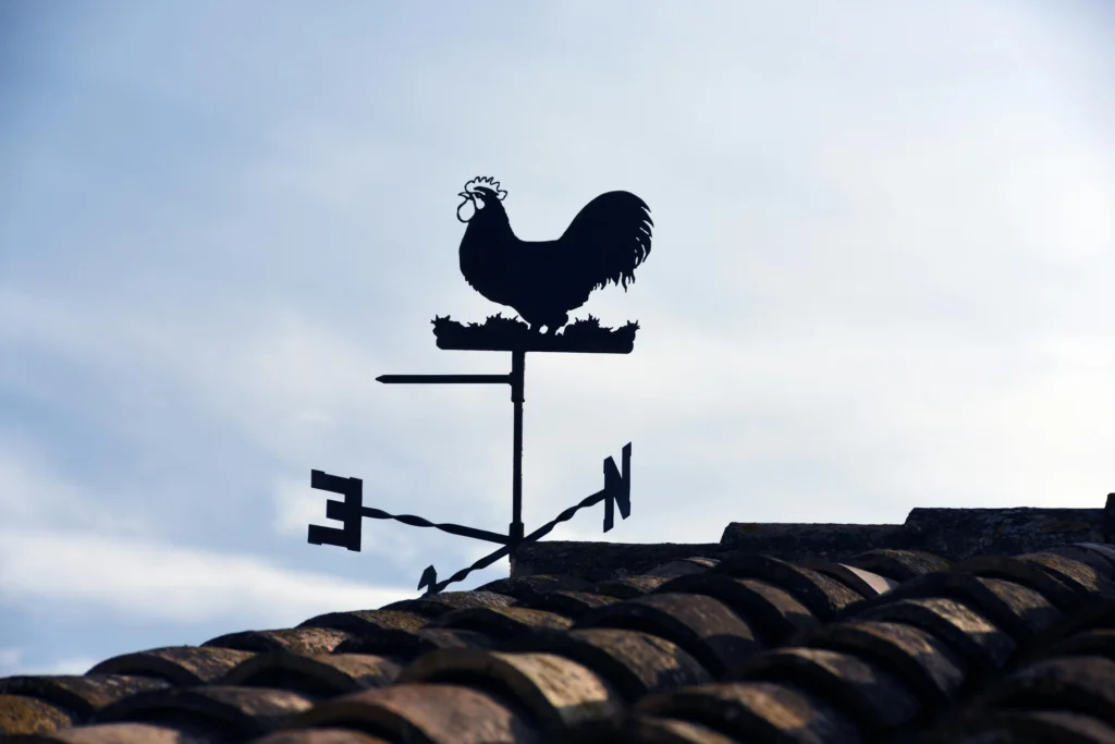 Rooftop weather vane with a rooster silhouette above a tiled roof against a bright sky.